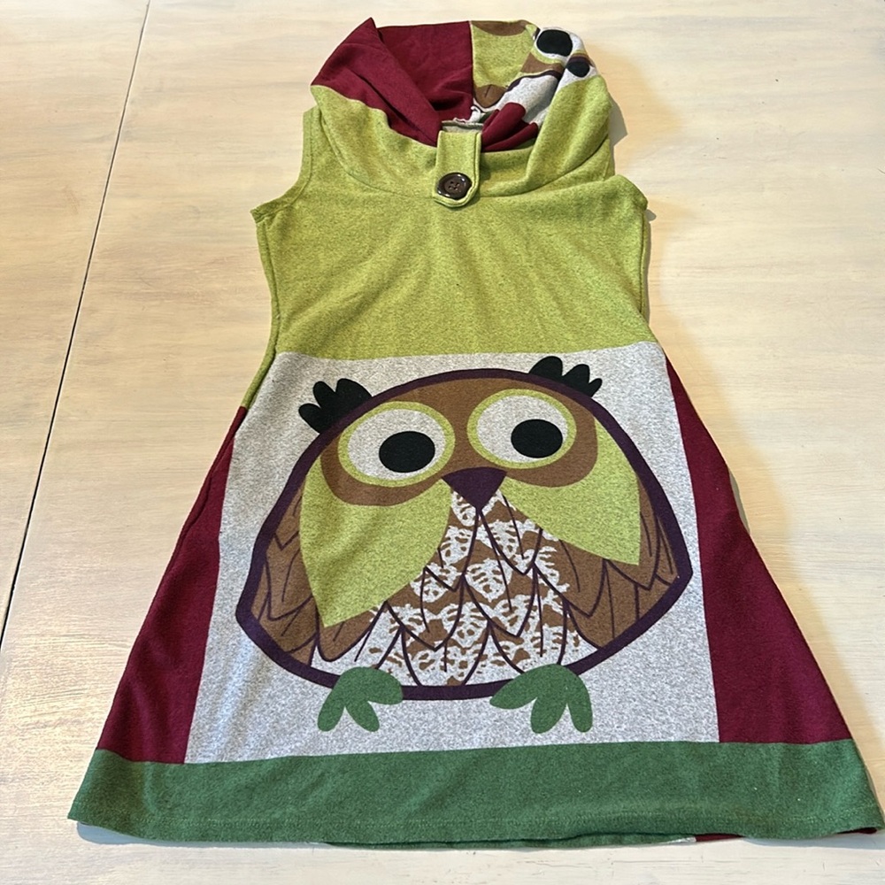Cowl neck sleeveless owl dress.